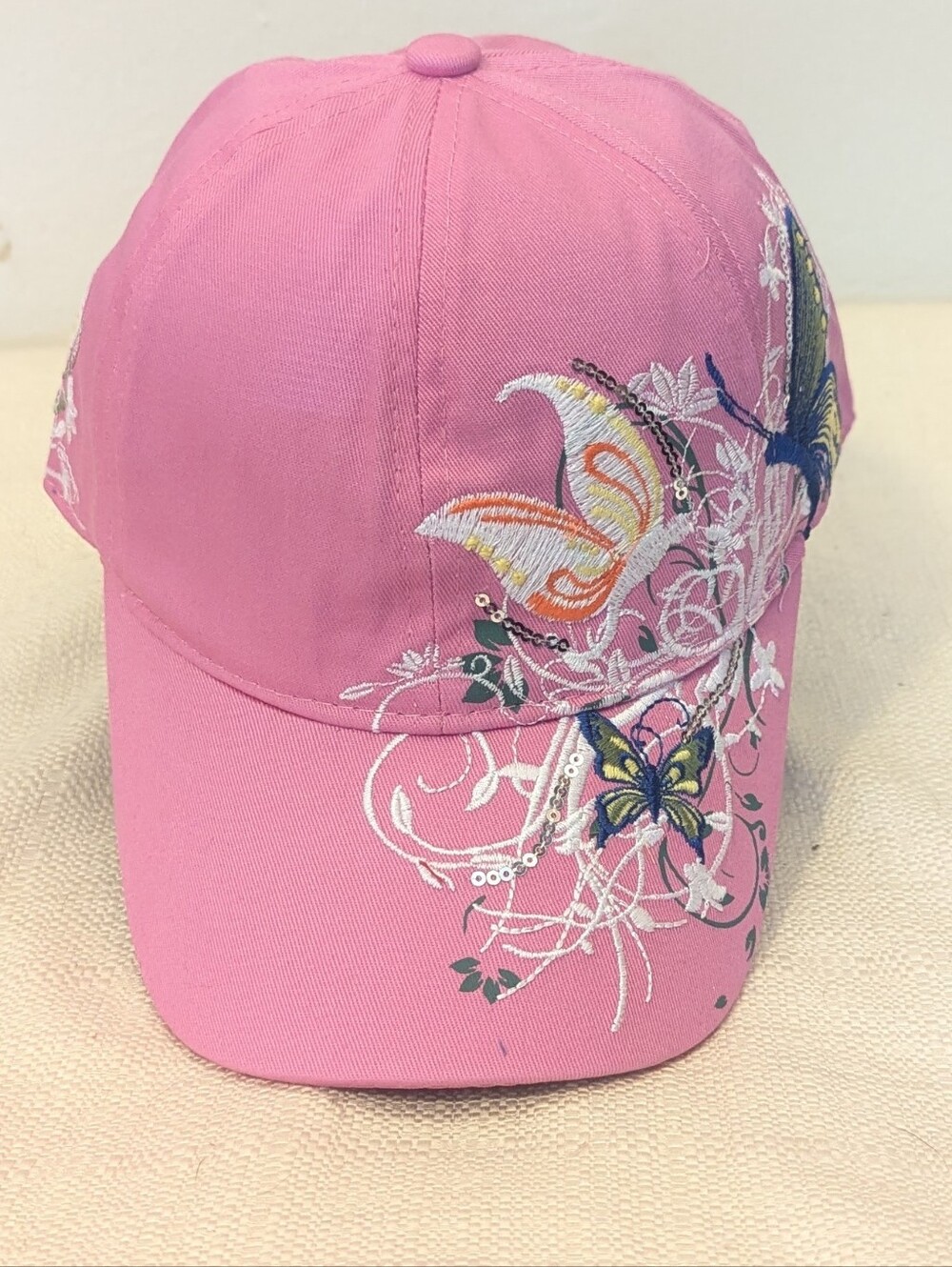NIB Flower & Butterfly Pink Butterfly Embroidered Baseball Cap